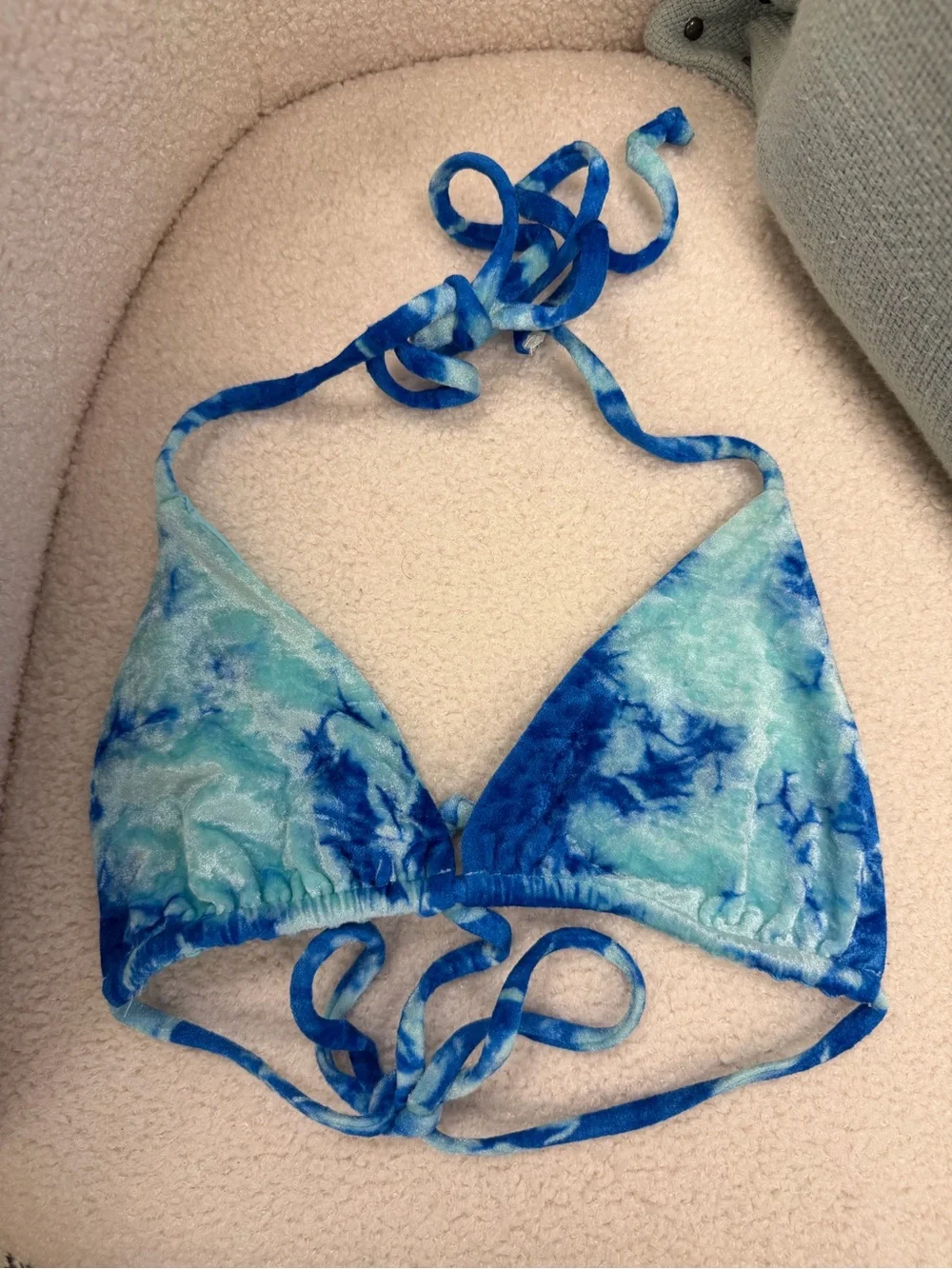 FRANKIES BIKINIS Nicola Top in‎ Aqua Sz L EUC Velour Beach Pool Swim Tie Dye